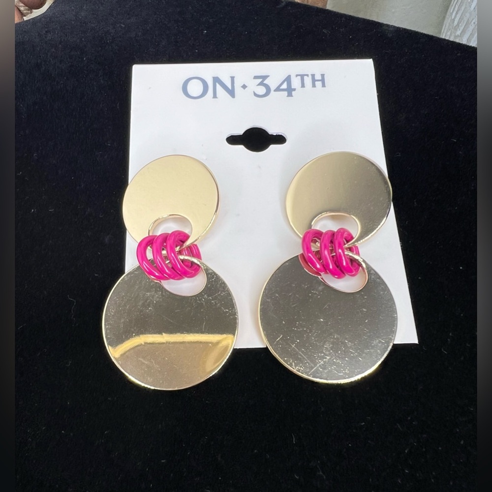 Brand New-On 34th Gold-Tone Disc & Color Ring Drop Earrings